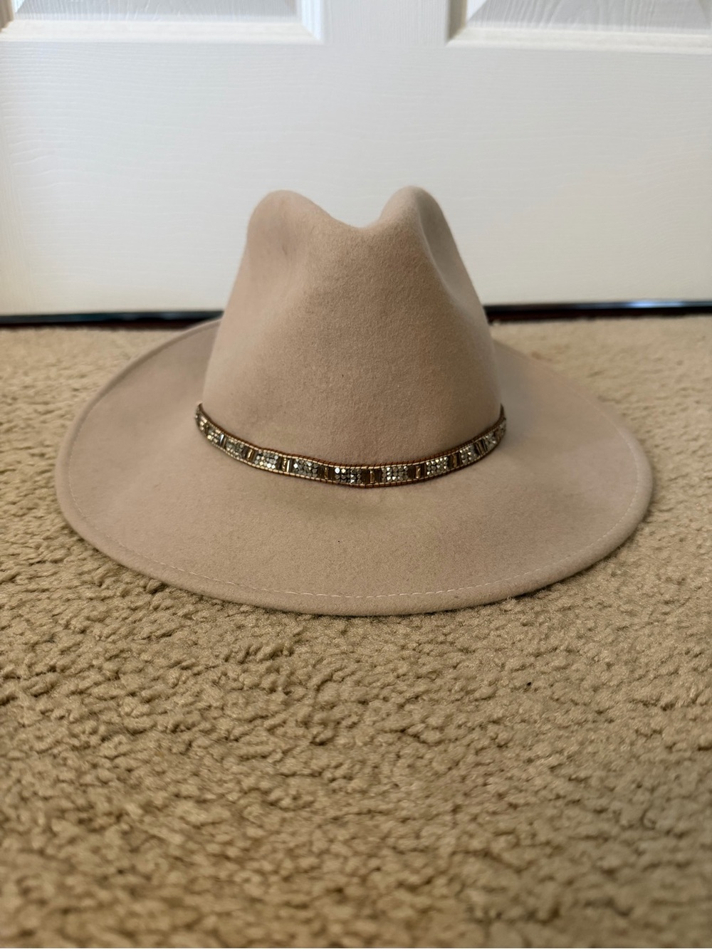 Gottex Taupe Wide-Brim Fedora with jeweled band - 100% Wool Felt